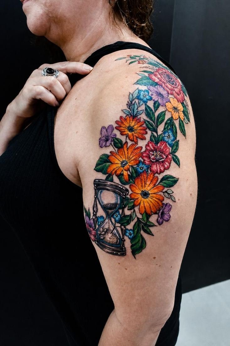 Tatuagem colorida floral no ombro