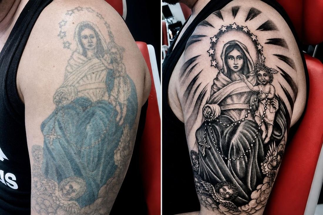Tatuagem religiosa dupla de Nossa Senhora